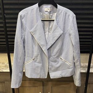 Kate Rosy Blue & White Striped Seersucker Zip Front‎ Pockets Blazer Jacket WN XL
